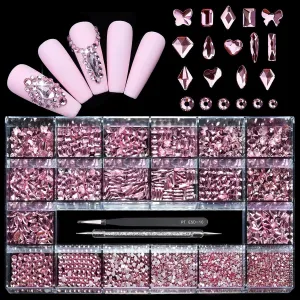 14 Types of 700 Pink Diamonds   1500 Flat Rhinestones Mix 20 Styles Flatback DIY Crafts Rhinestone Crystals 3D Ornament‌s Flat Back Stones Set   Tweezers   Drill Pen