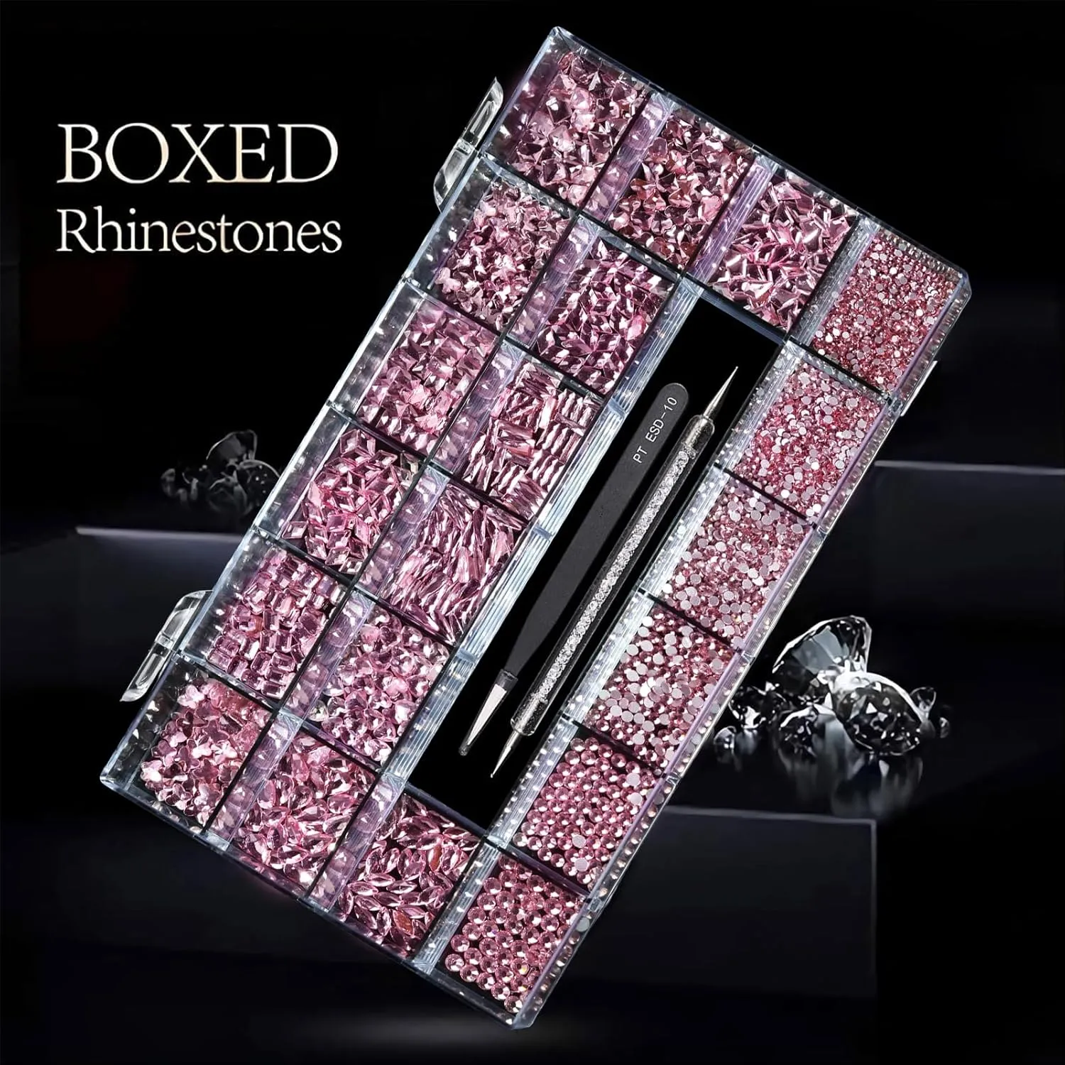 14 Types of 700 Pink Diamonds   1500 Flat Rhinestones Mix 20 Styles Flatback DIY Crafts Rhinestone Crystals 3D Ornament‌s Flat Back Stones Set   Tweezers   Drill Pen