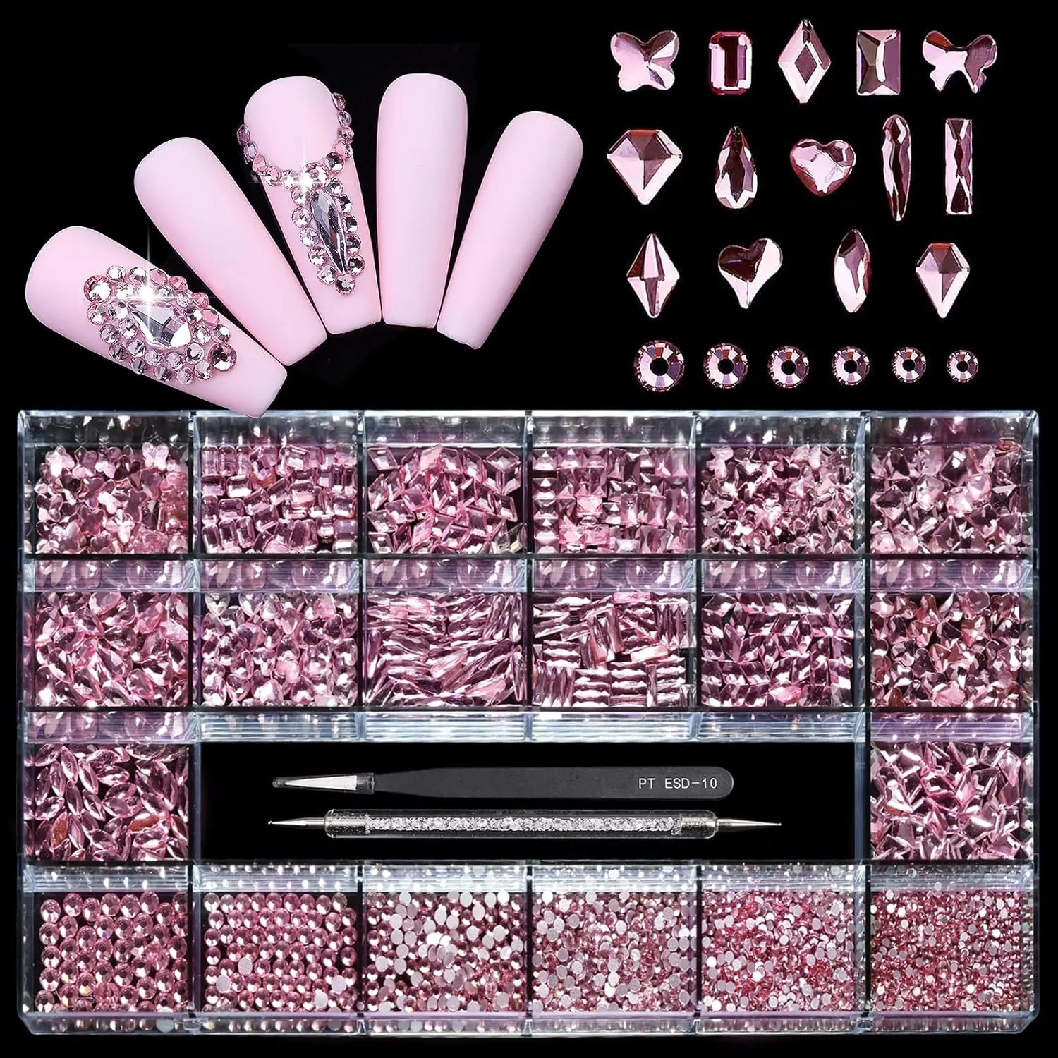 14 Types of 700 Pink Diamonds   1500 Flat Rhinestones Mix 20 Styles Flatback DIY Crafts Rhinestone Crystals 3D Ornament‌s Flat Back Stones Set   Tweezers   Drill Pen