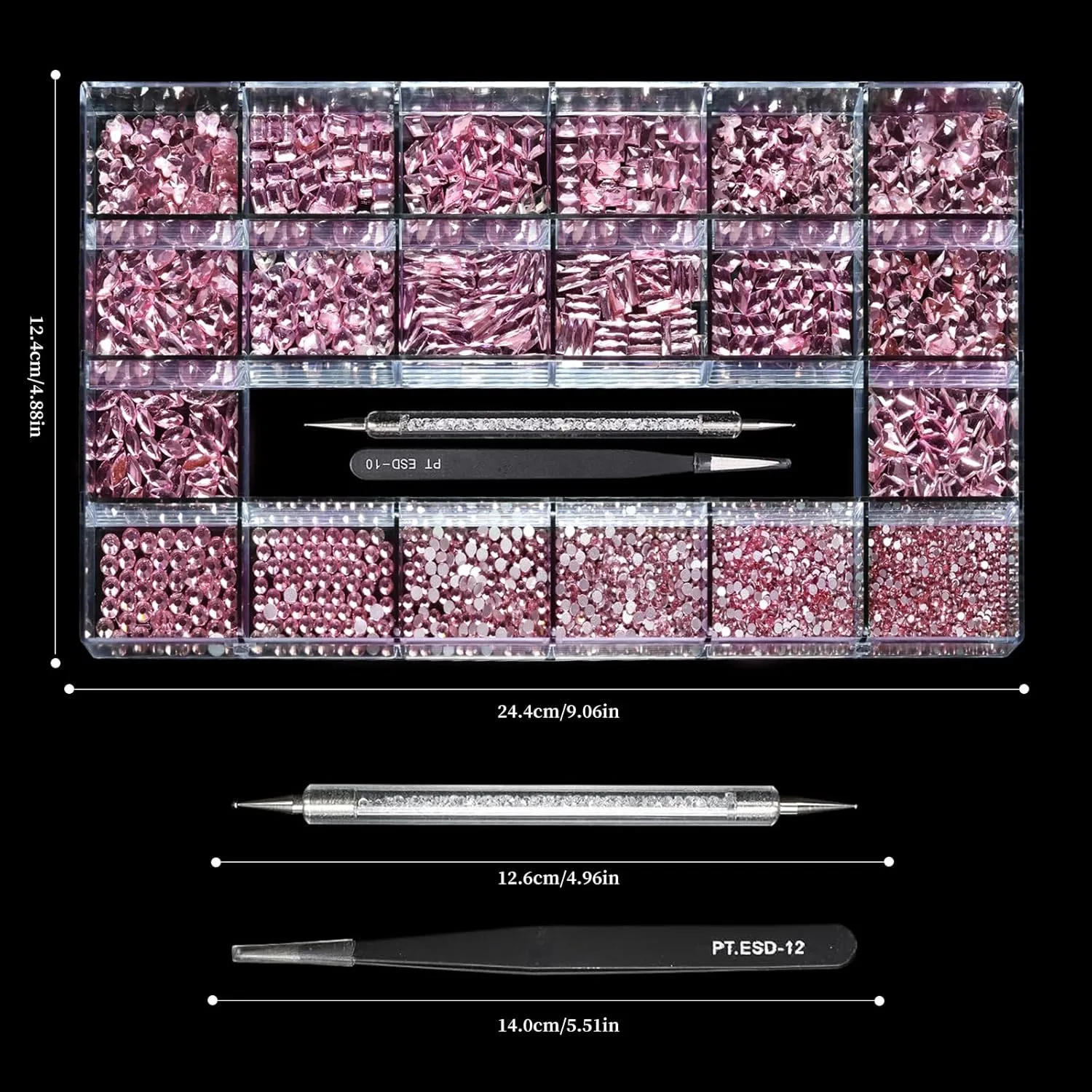 14 Types of 700 Pink Diamonds   1500 Flat Rhinestones Mix 20 Styles Flatback DIY Crafts Rhinestone Crystals 3D Ornament‌s Flat Back Stones Set   Tweezers   Drill Pen