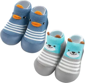 2 Pairs Baby Sock Shoes Boys Girls Non Slip Soft Rubber Sole Sneakers Toddler Infant Slip On Slippers First Walking Shoes