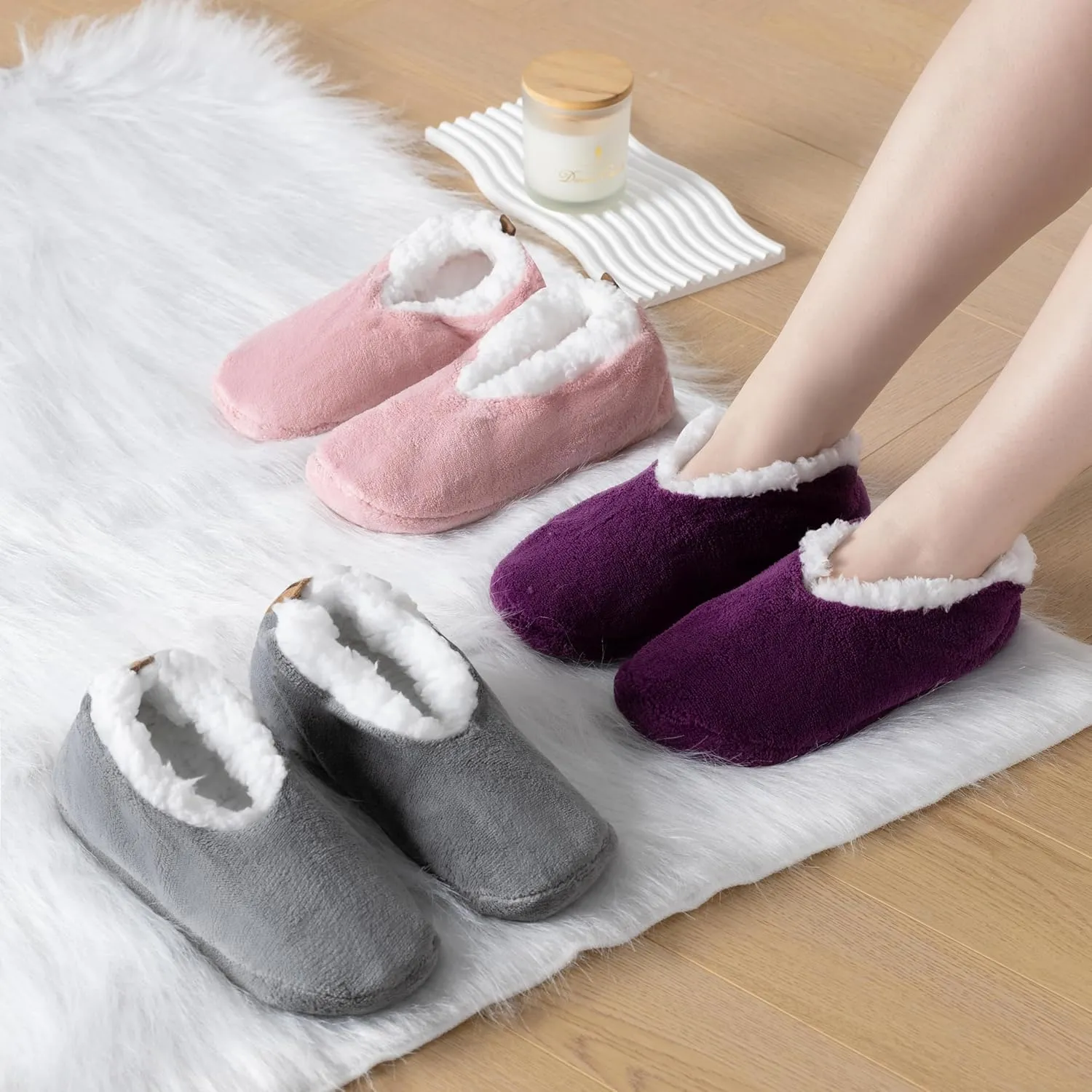 2 Pairs of Soft Sole Slipper Socks for Women with Grippers Non Slip, Winter Warm Cozy House Bedroom Slippers, Ladies Fuzzy Indoor Home Slippers (Purple,Pink,Grey)