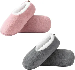 2 Pairs of Soft Sole Slipper Socks for Women with Grippers Non Slip, Winter Warm Cozy House Bedroom Slippers, Ladies Fuzzy Indoor Home Slippers (Purple,Pink,Grey)