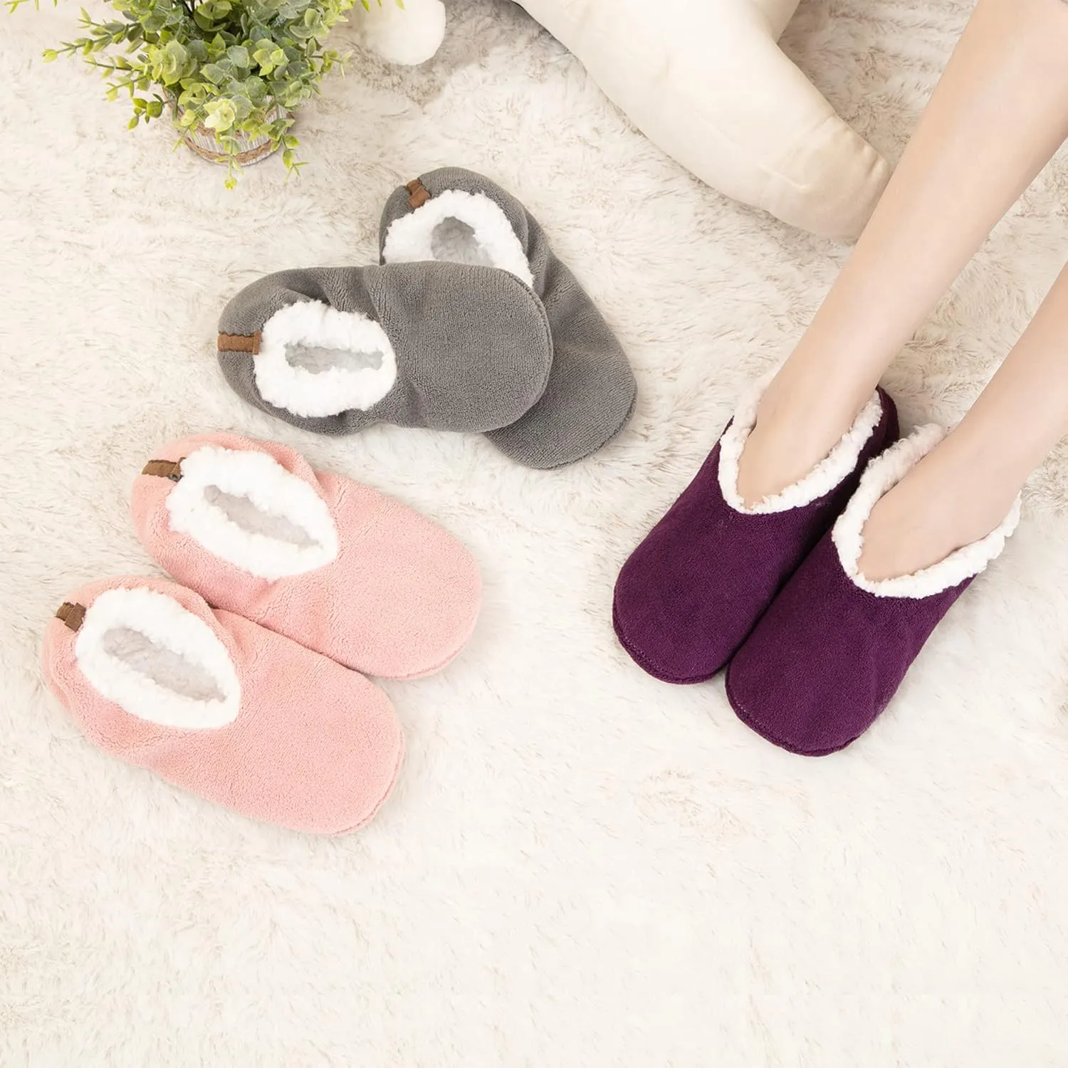 2 Pairs of Soft Sole Slipper Socks for Women with Grippers Non Slip, Winter Warm Cozy House Bedroom Slippers, Ladies Fuzzy Indoor Home Slippers (Purple,Pink,Grey)