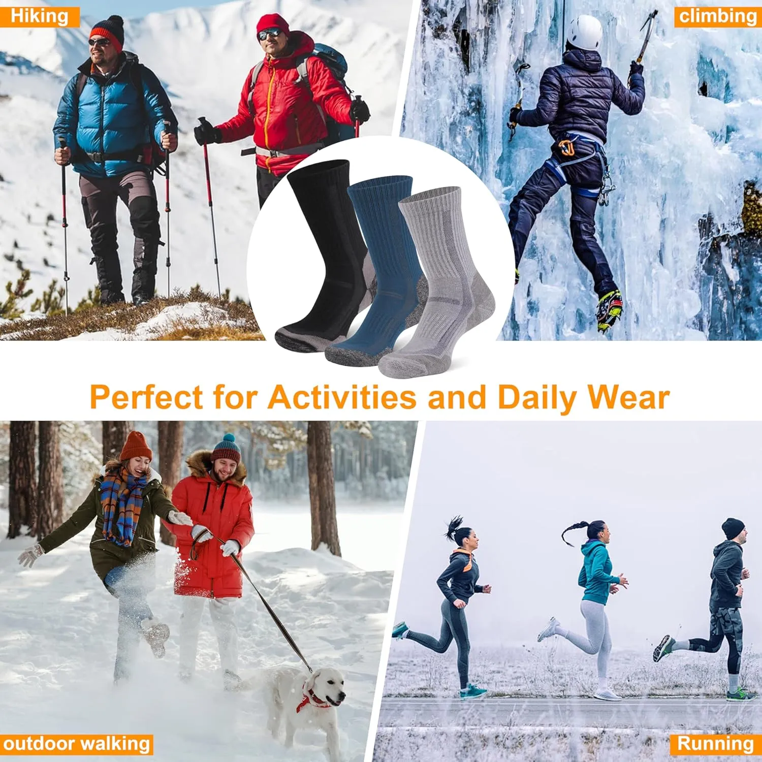 3 Pairs Merino Wool Hiking Mid Calf Socks for Men & Women - Moisture Wicking, Thermal, Cushioned Boot Socks
