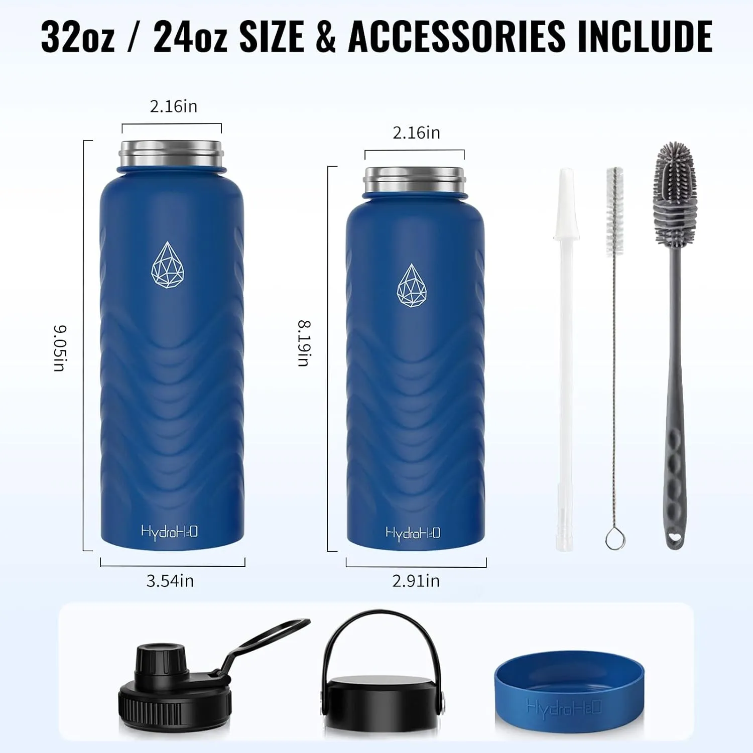 32oz Insulated Water Bottle with Straw and Spout,Stainless Steel with Fluid Scale,Leak-Proof,Wide Mouth,BPA-Free,Silicone Boot & Handle – Blue Sports Flask for Gym,Hiking,Travel