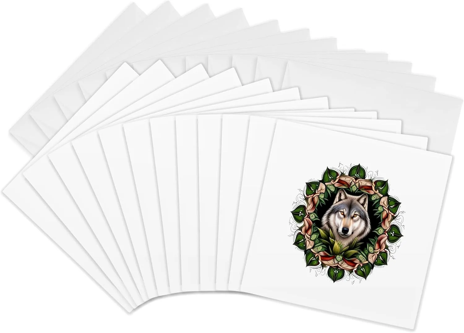 3dRose Greeting Cards - A Timber Wolf Surrounded By Ladys Slipper Minnesota State Tattoo Art - 12 Pack - Vector Art - Minnesota Mammal Flower