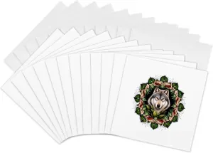 3dRose Greeting Cards - A Timber Wolf Surrounded By Ladys Slipper Minnesota State Tattoo Art - 12 Pack - Vector Art - Minnesota Mammal Flower