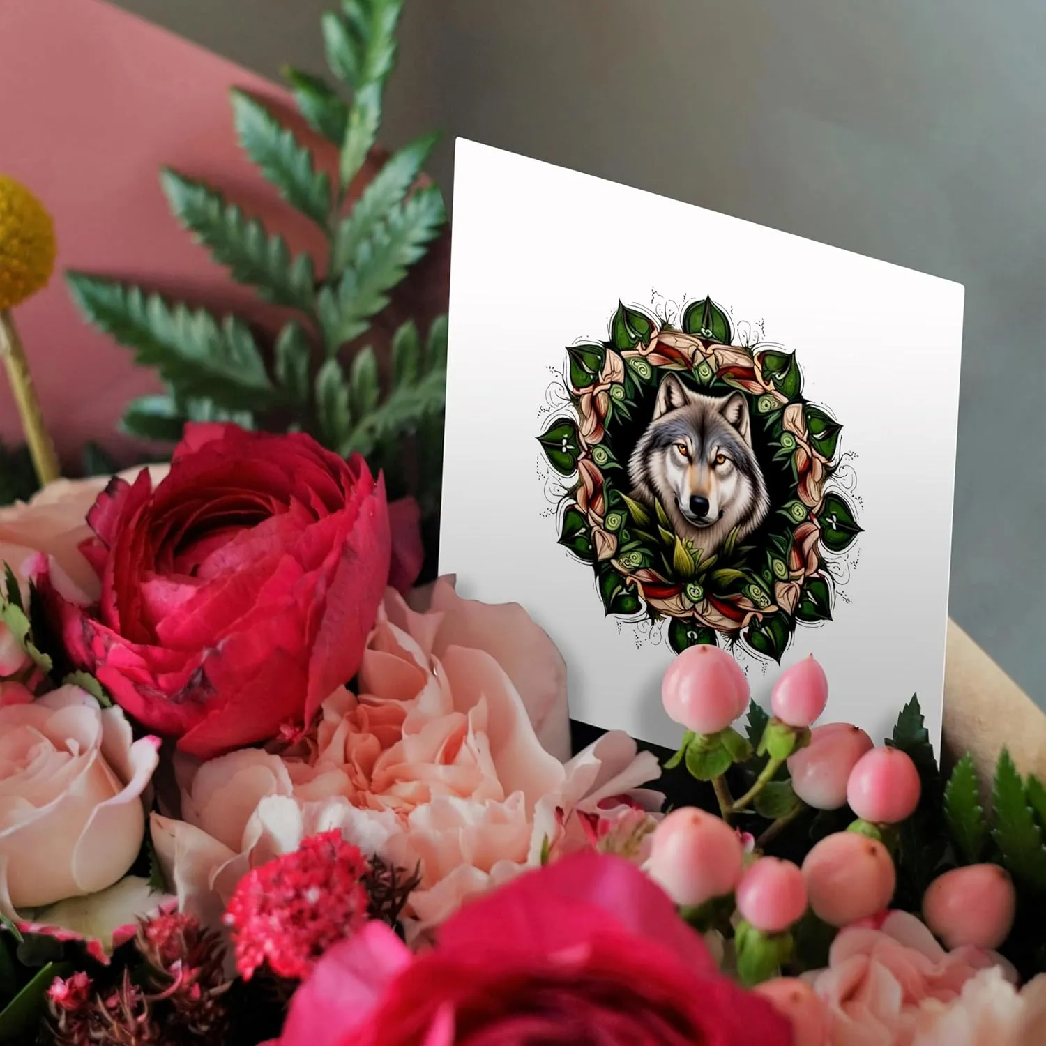 3dRose Greeting Cards - A Timber Wolf Surrounded By Ladys Slipper Minnesota State Tattoo Art - 12 Pack - Vector Art - Minnesota Mammal Flower