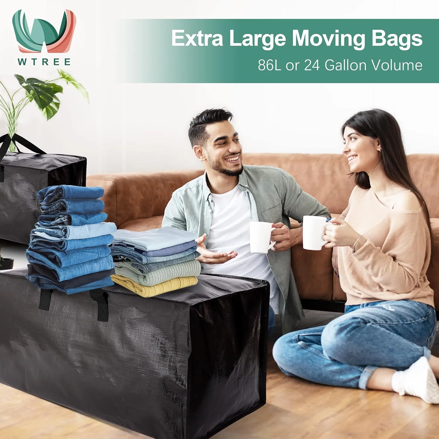 4 Pack Heavy Duty Moving Bags, Extra Large Storage Totes W/Backpack Straps Strong Handles & Zippers, Alternative to Moving Boxes, Moving Supplies for Dorm Room Essentials, Black