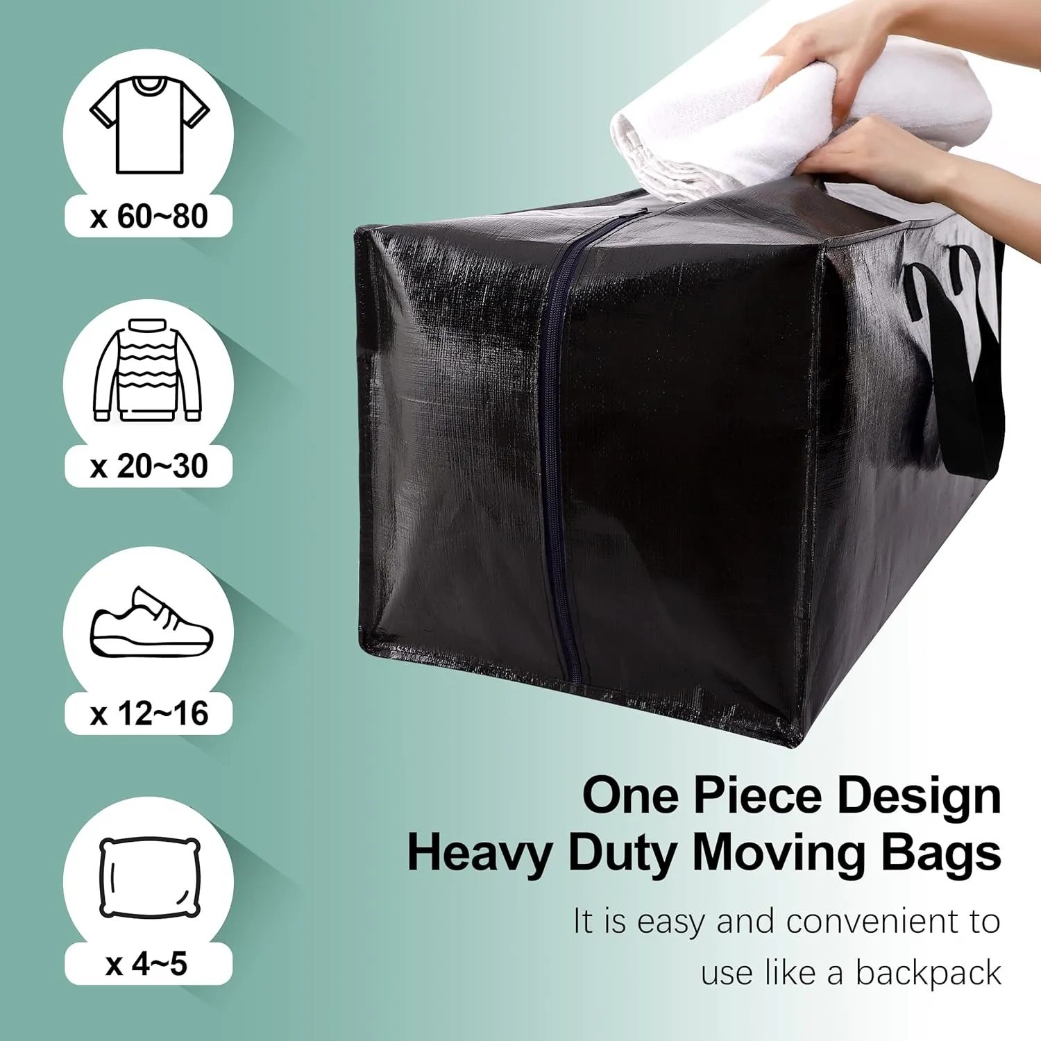 4 Pack Heavy Duty Moving Bags, Extra Large Storage Totes W/Backpack Straps Strong Handles & Zippers, Alternative to Moving Boxes, Moving Supplies for Dorm Room Essentials, Black