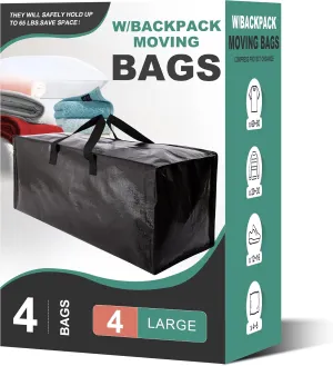 4 Pack Heavy Duty Moving Bags, Extra Large Storage Totes W/Backpack Straps Strong Handles & Zippers, Alternative to Moving Boxes, Moving Supplies for Dorm Room Essentials, Black