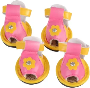 4Pcs Dog Sandals Floral Design Summer Breathable PU Leather Shoes Slip for Pets Yellow Comfortable Footwear for Dogs for Hot Pavement and Outdoor Use