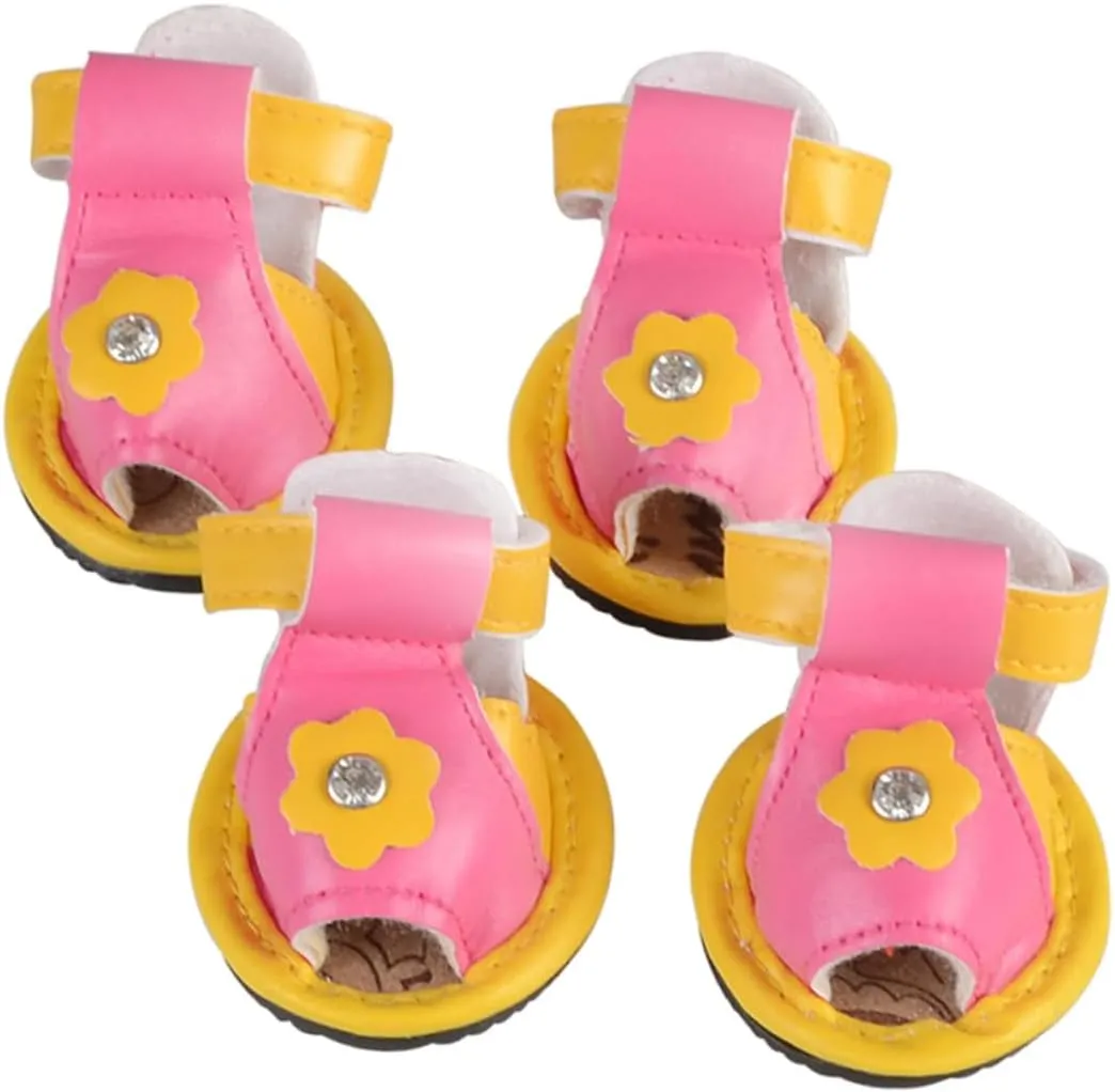 4Pcs Dog Sandals Floral Design Summer Breathable PU Leather Shoes Slip for Pets Yellow Comfortable Footwear for Dogs for Hot Pavement and Outdoor Use