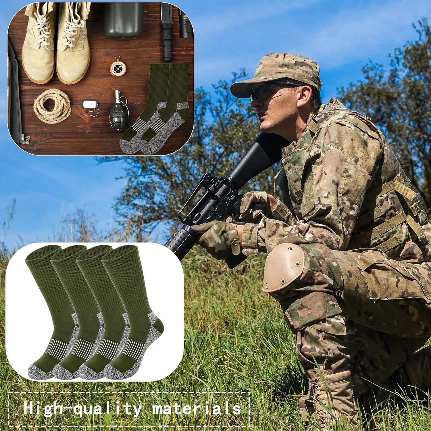 5 Pairs Mens Military Socks Army Green Hiking Sock Crew Boot Socks for Soldier Policemen Work Sports Hiking