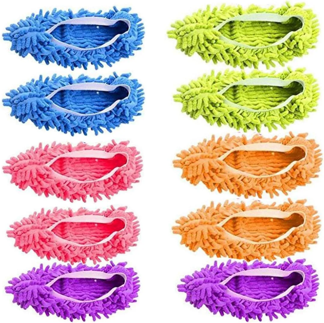 5 Pairs Washable Dust Mop Slippers Microfiber Cleaning Mop Slippers Shoes Dust Floor Cleaner Multi-Function Floor Cleaning Shoes Cover (Green,Blue,Orange,Purple,Pink）