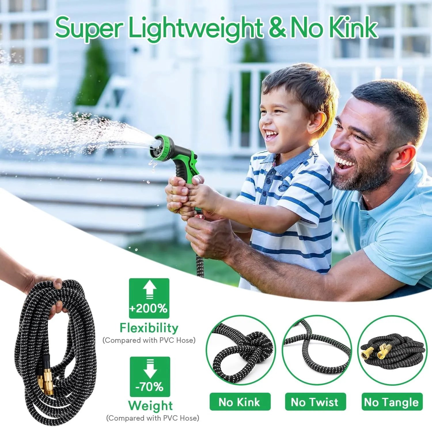 50 ft Expandable Garden Hose, 2025 Upgraded Kink Free Flexible Water Hose 50ft with 10 Pattern Spray Nozzle, Leakproof Solid Brass Fittings, Reinforced Retractable Latex Core, Lightweight, Collapsible