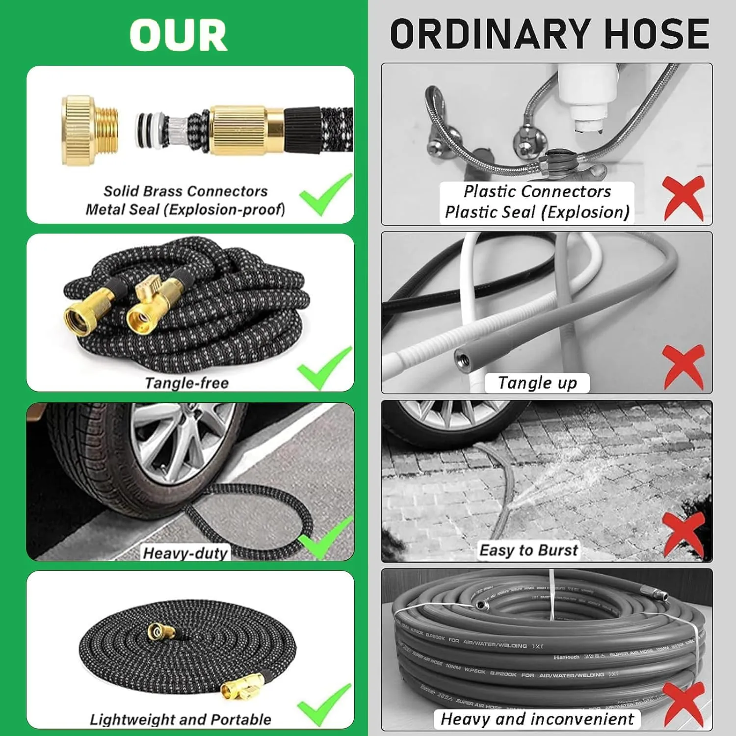 50 ft Expandable Garden Hose, 2025 Upgraded Kink Free Flexible Water Hose 50ft with 10 Pattern Spray Nozzle, Leakproof Solid Brass Fittings, Reinforced Retractable Latex Core, Lightweight, Collapsible