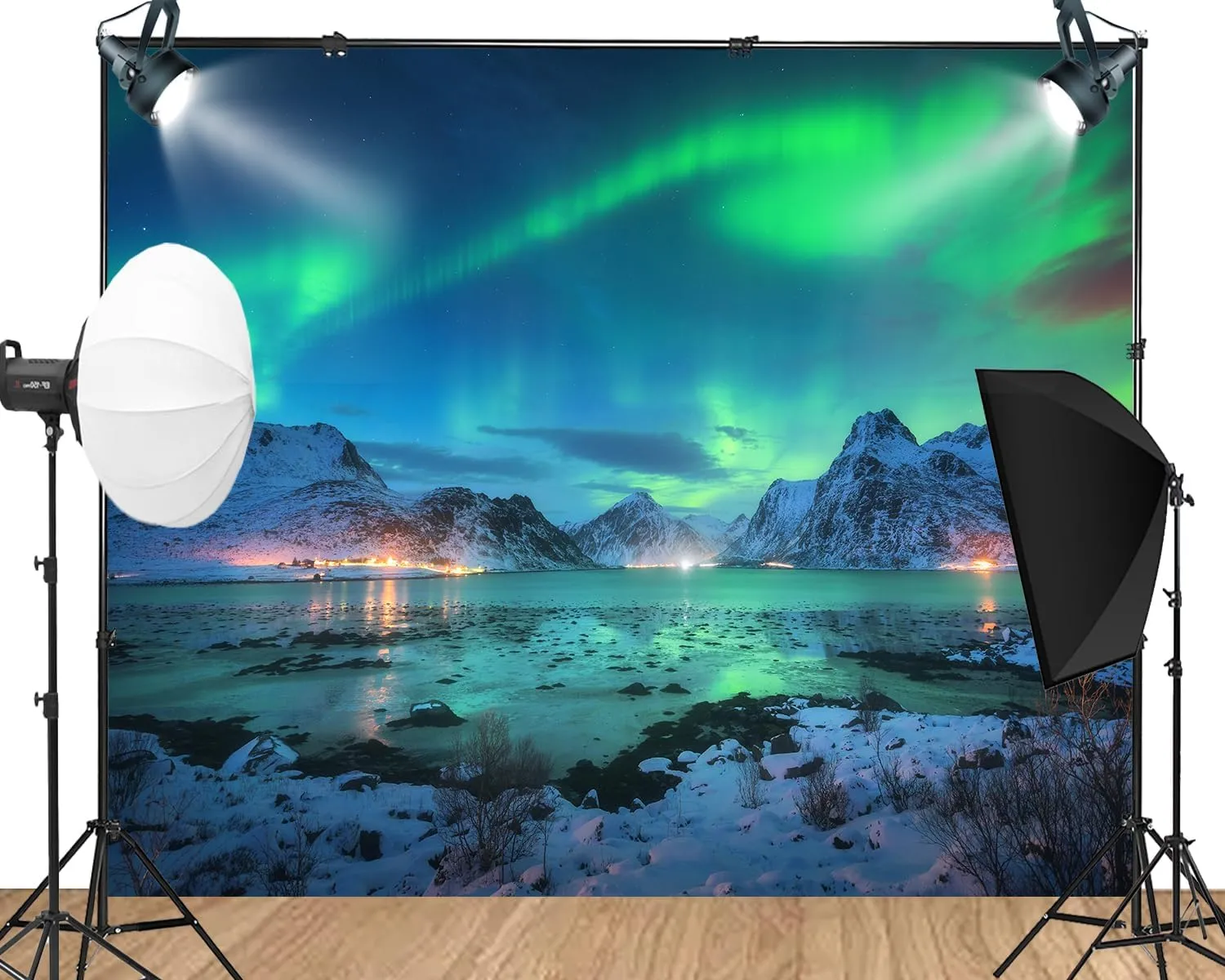 9X6ft Fabric Northern Lights Backdrop Ture North Aurora-Themed Background Above The Snow-Covered Mountain Oceans Colorful Back Drop Photo Booth Props