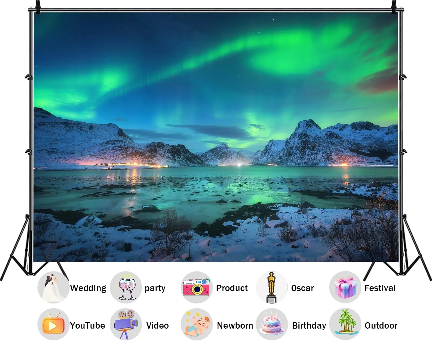 9X6ft Fabric Northern Lights Backdrop Ture North Aurora-Themed Background Above The Snow-Covered Mountain Oceans Colorful Back Drop Photo Booth Props