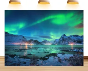 9X6ft Fabric Northern Lights Backdrop Ture North Aurora-Themed Background Above The Snow-Covered Mountain Oceans Colorful Back Drop Photo Booth Props