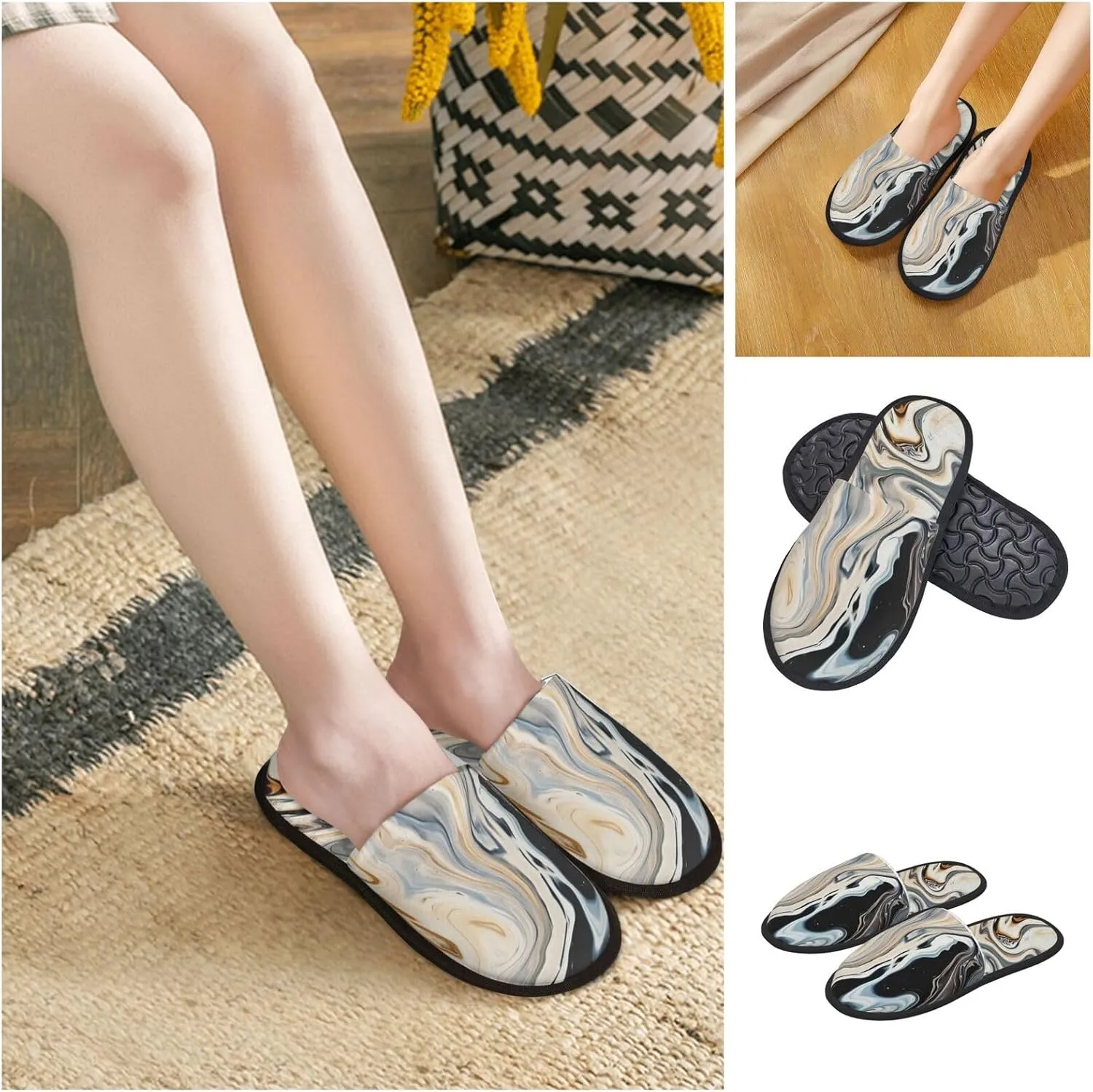 Abstract Marble Ink Texture Women's Fuzzy Slippers Slip-on Slipper Soft Comfy Bedroom Slippers Non-slip House Shoes