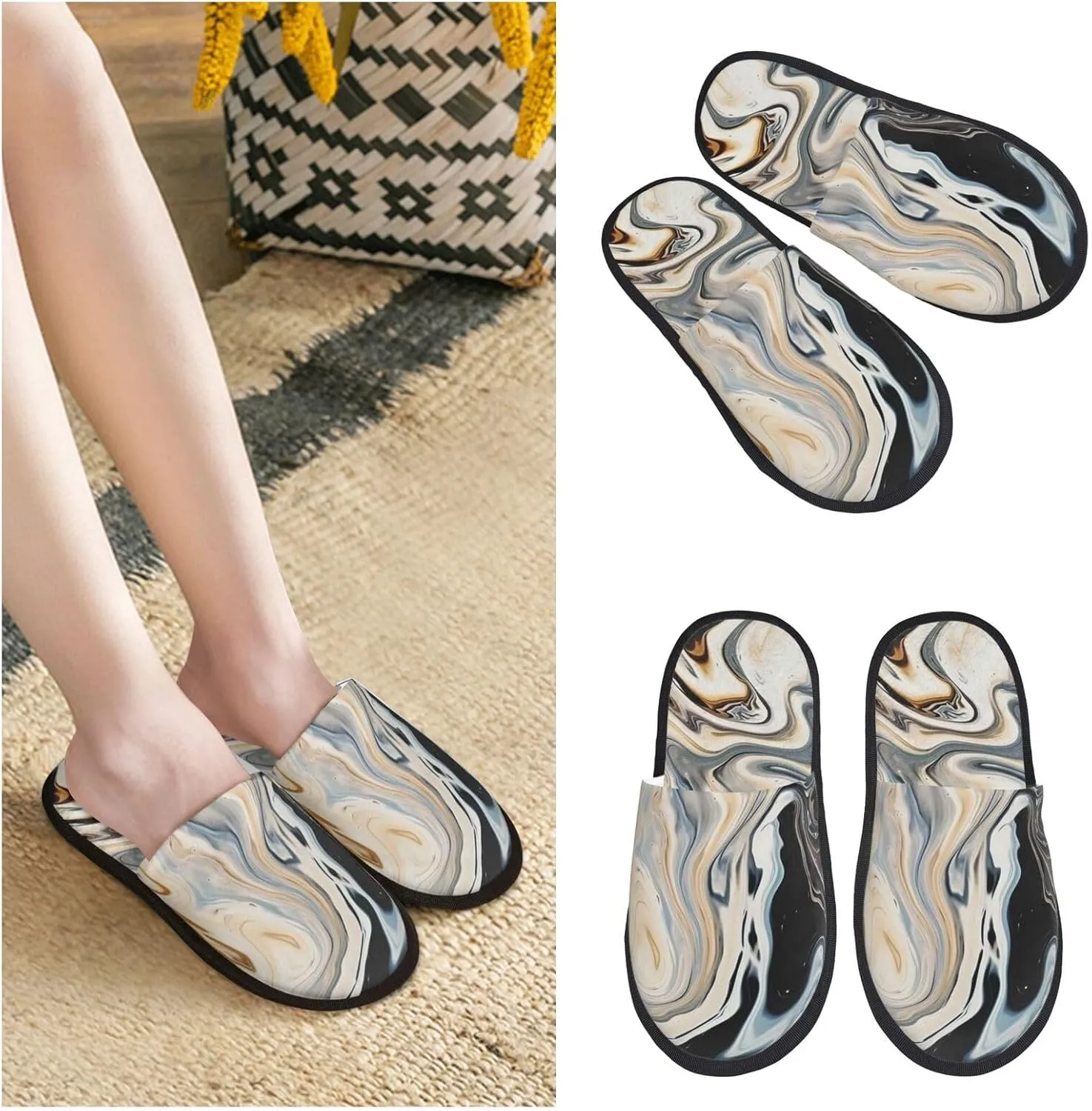 Abstract Marble Ink Texture Women's Fuzzy Slippers Slip-on Slipper Soft Comfy Bedroom Slippers Non-slip House Shoes