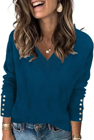 AKEWEI Womens V Neck Sweaters Long Sleeve Lightweight Knit Pullover Tops with Decorative Buttons