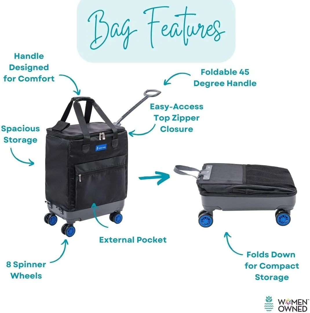 All-Purpose Roller Bag – Foldable Top-Opening Tote on Wheels with Zipper Closure, 8 Spinner Wheels, Lightweight – Travel, Groceries, Laundry, Work, Everyday Hauling - Patent - Blue