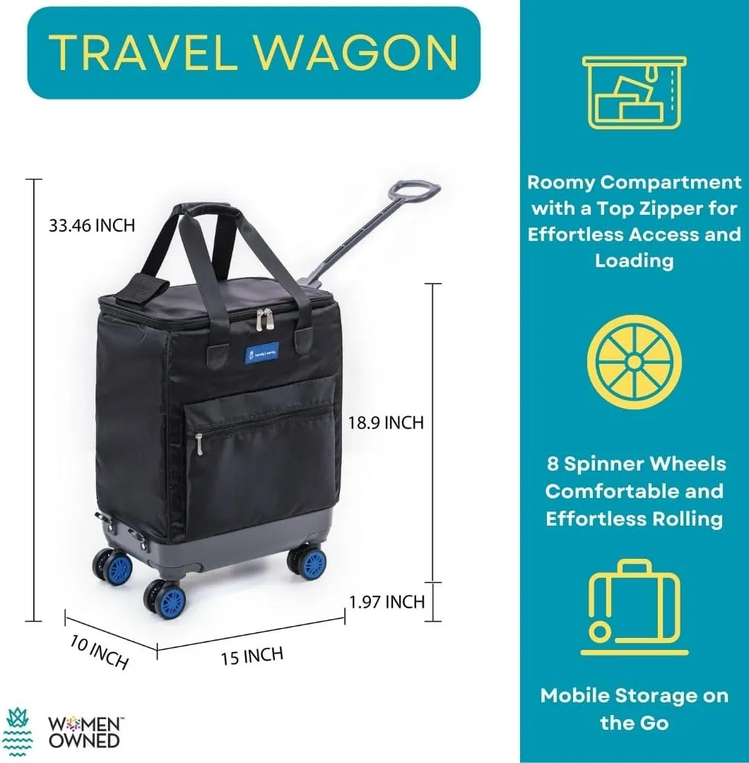 All-Purpose Roller Bag – Foldable Top-Opening Tote on Wheels with Zipper Closure, 8 Spinner Wheels, Lightweight – Travel, Groceries, Laundry, Work, Everyday Hauling - Patent - Blue