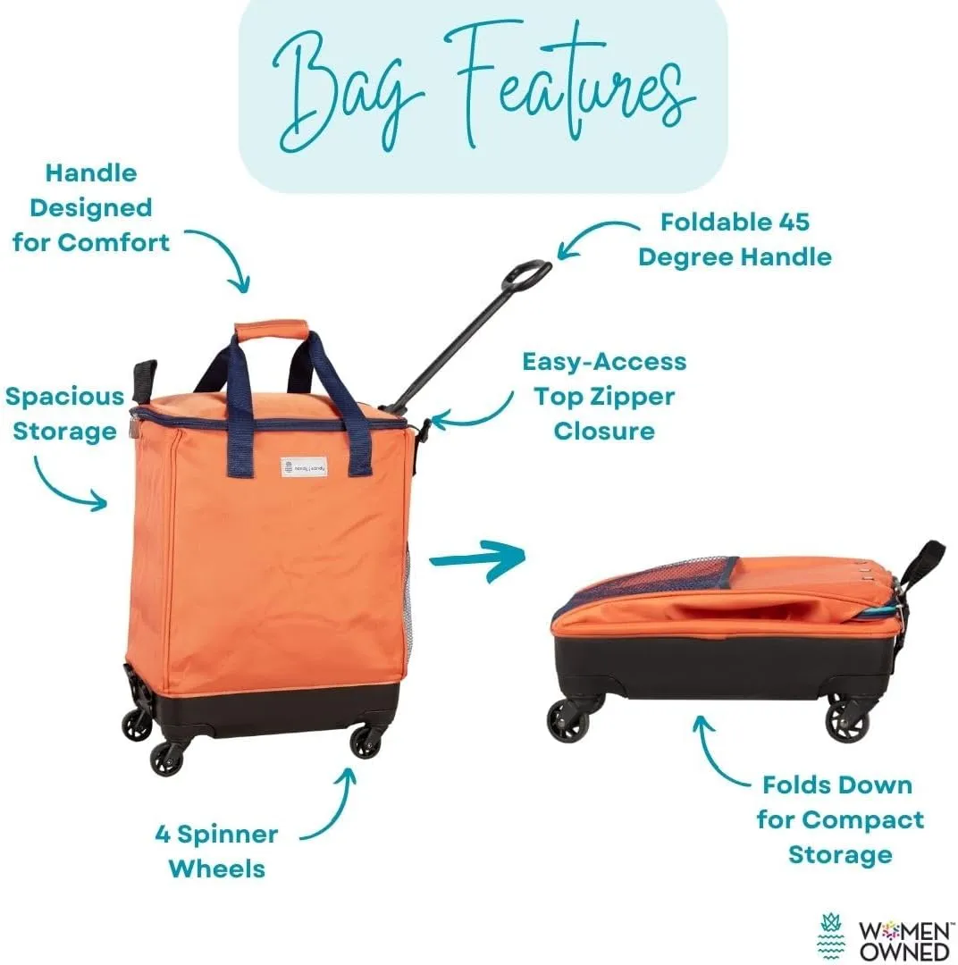All-Purpose Roller Bag – Foldable Tote on Wheels with Zipper Closure, 4 Spinner Wheels, Lightweight & Durable – Travel, Groceries, Laundry, Work, Everyday Hauling - Patent - Orange