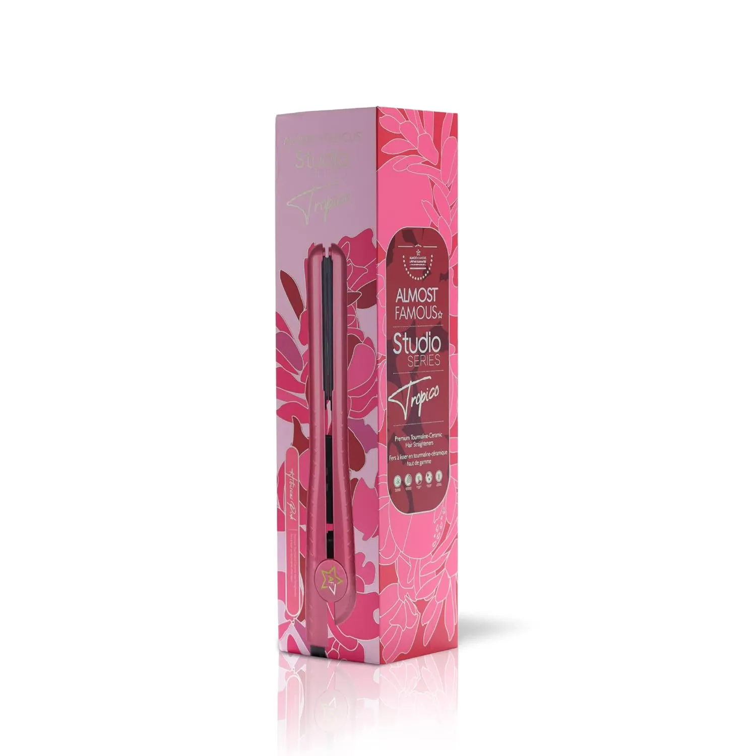 Almost Famous Tropico Tourmaline Ceramic 1.25" Professional Hair Straightener Flat Iron Pro for Hair Styling, Tourmaline Ceramic Panel with Adjustable Temperature - (Hibiscus Pink (New Model)