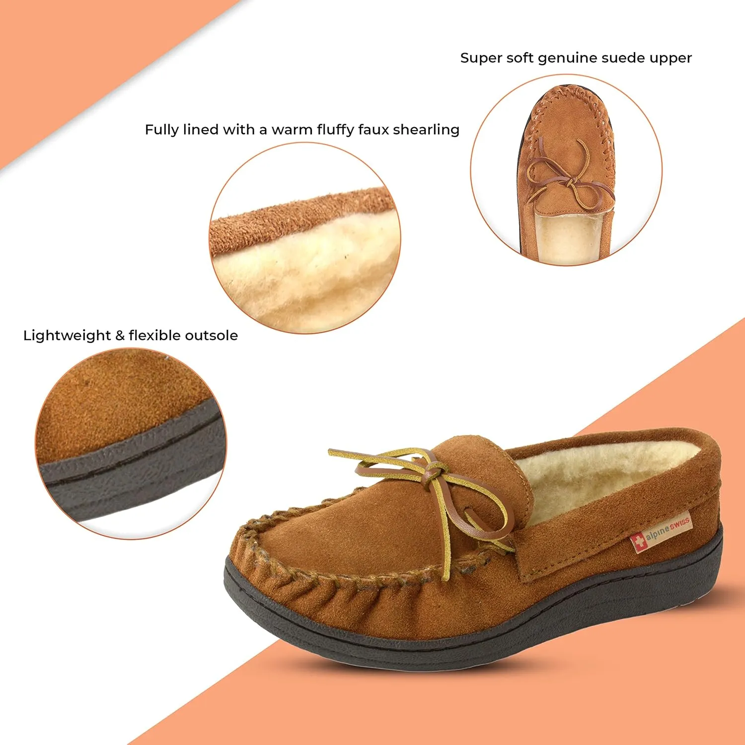 Alpine Swiss Sabine Womens Genuine Suede Shearling Slip On Moccasin Slippers