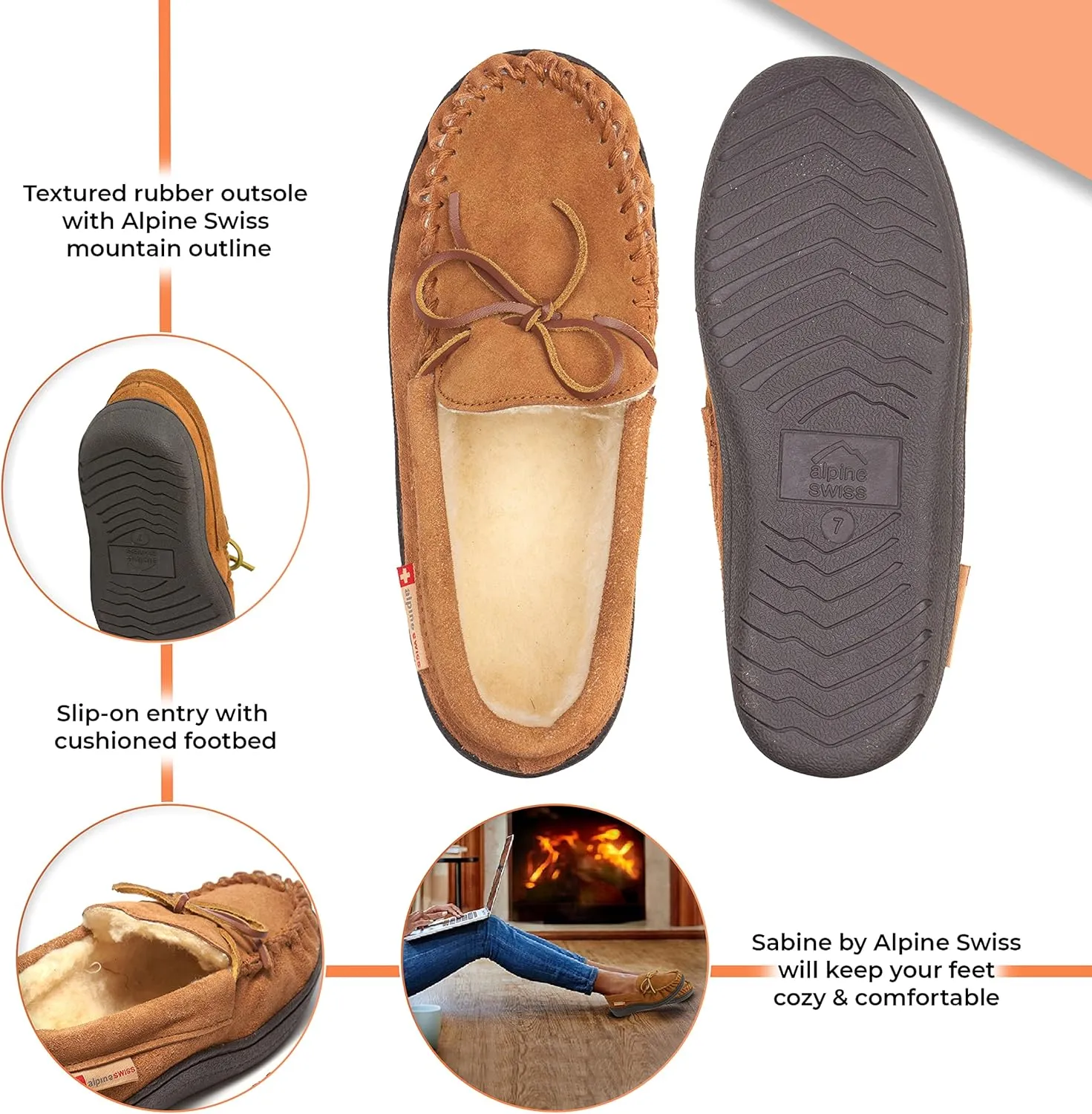 Alpine Swiss Sabine Womens Genuine Suede Shearling Slip On Moccasin Slippers