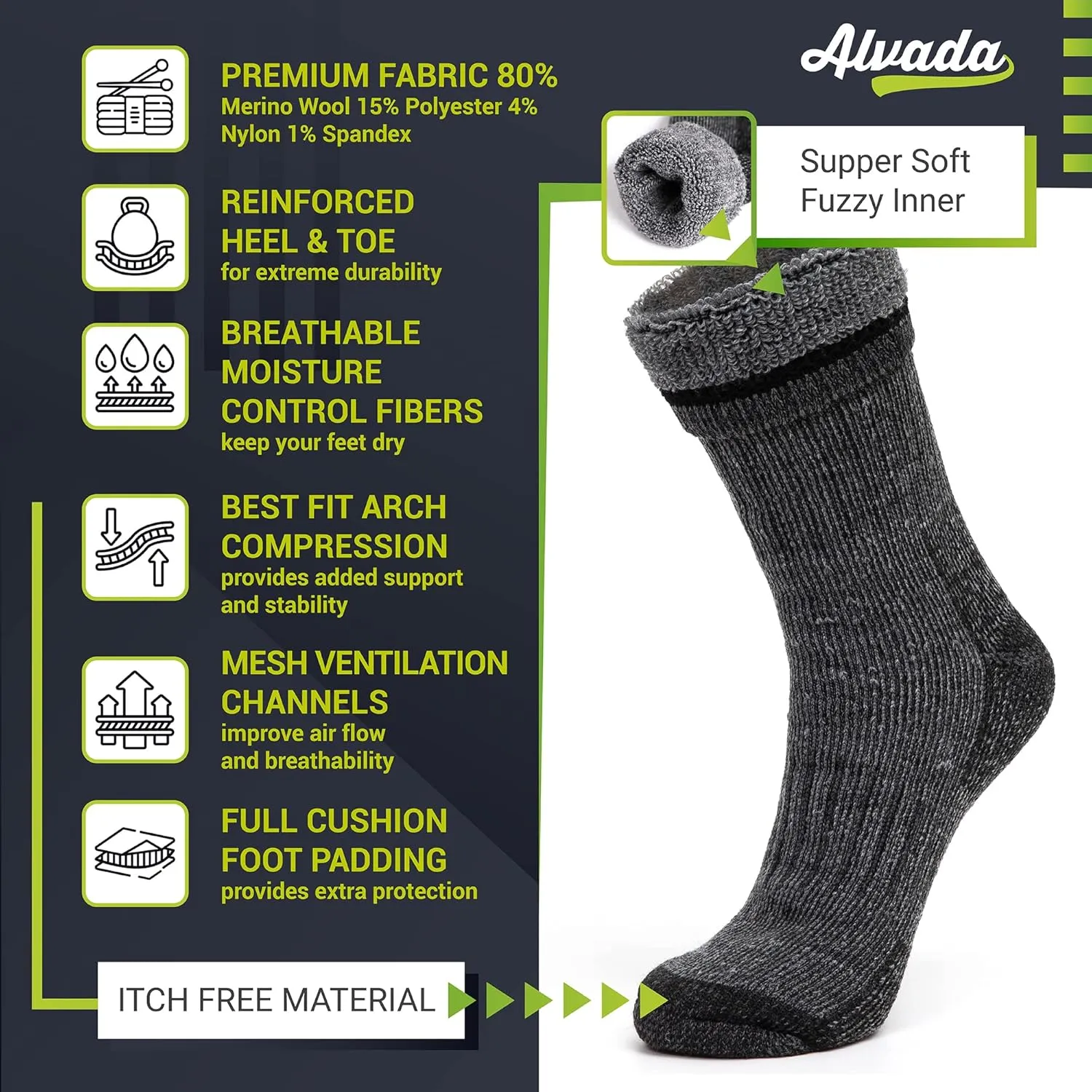 Alvada Mens Merino Wool Crew Socks Thermal and Warm Socks for Winter Work Hiking Running 3 Pairs
