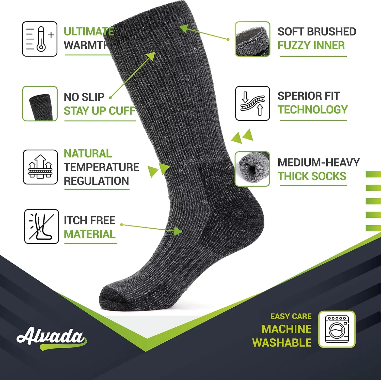 Alvada Mens Merino Wool Crew Socks Thermal and Warm Socks for Winter Work Hiking Running 3 Pairs