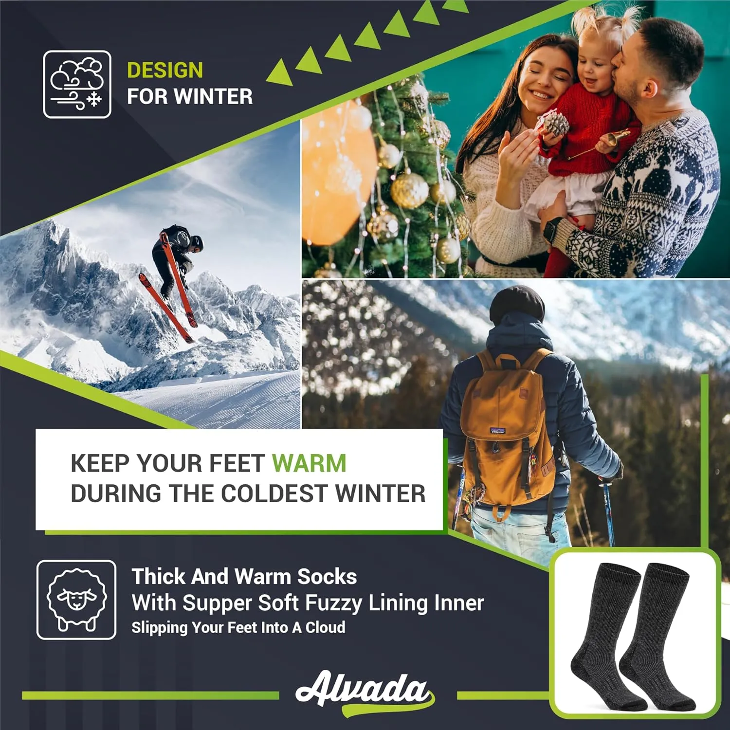 Alvada Mens Merino Wool Crew Socks Thermal and Warm Socks for Winter Work Hiking Running 3 Pairs