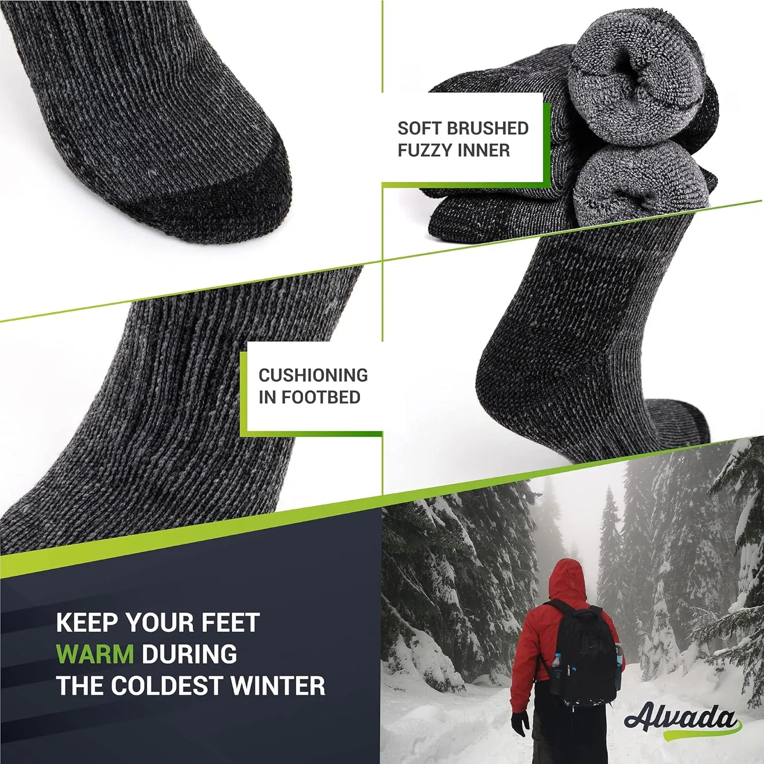 Alvada Mens Merino Wool Crew Socks Thermal and Warm Socks for Winter Work Hiking Running 3 Pairs