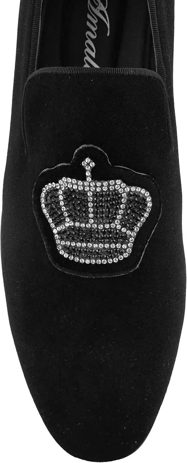 Amali Crown - Velvet Men’s Slip-On Shoes with Jewelry Crown Piece - Smoking Slip On Dress Shoes for Men - Velvet Formal Loafers for Men - The Original Smoking Men Tuxedo Dress Shoe