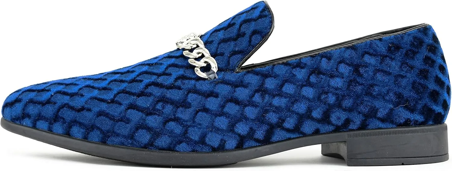 Amali Velvet Slip-On Dress Loafers for Men with Lion Head Piece, Men's Formal Smoking Tuxedo Slippers, Loafer Shoes with Metal Chain Detail