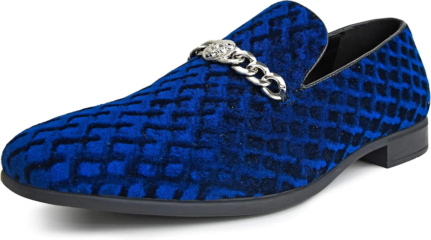 Amali Velvet Slip-On Dress Loafers for Men with Lion Head Piece, Men's Formal Smoking Tuxedo Slippers, Loafer Shoes with Metal Chain Detail