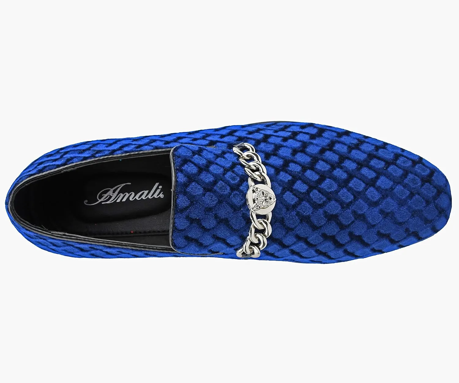 Amali Velvet Slip-On Dress Loafers for Men with Lion Head Piece, Men's Formal Smoking Tuxedo Slippers, Loafer Shoes with Metal Chain Detail