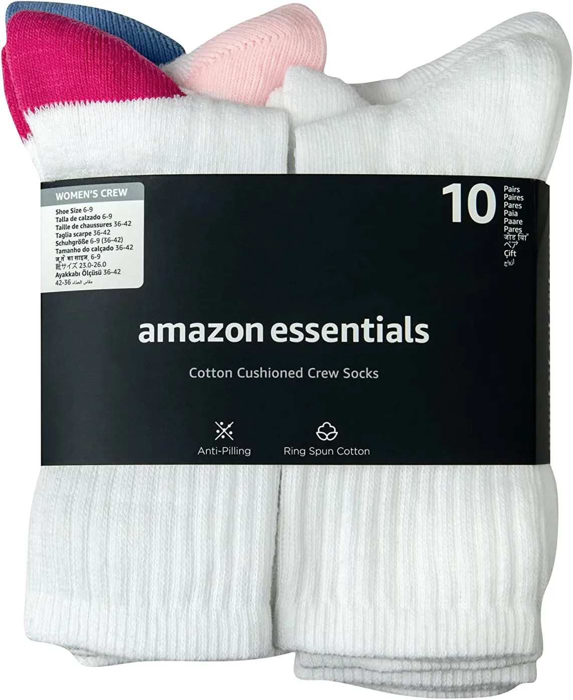 Amazon Essentials Women's Cotton Crew Socks, Lightly Cushioned, 10 Pairs