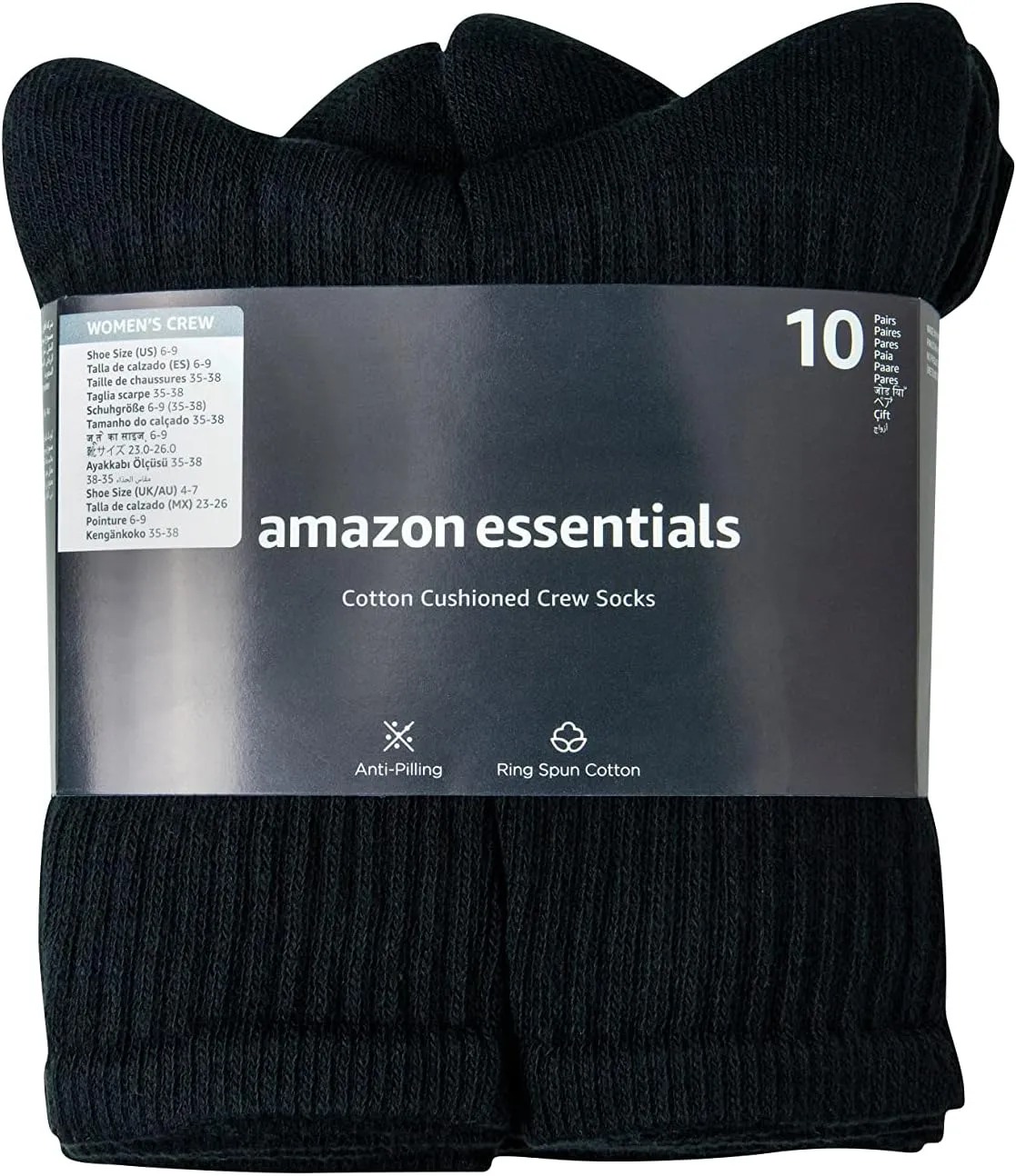 Amazon Essentials Women's Cotton Crew Socks, Lightly Cushioned, 10 Pairs