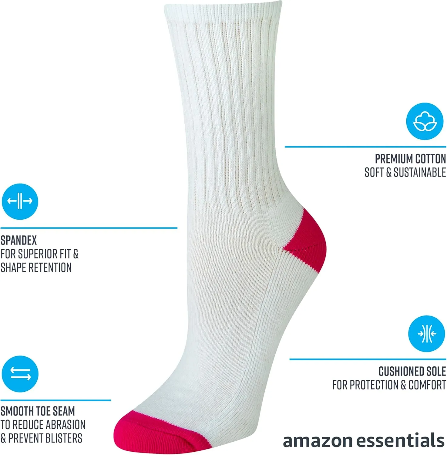 Amazon Essentials Women's Cotton Crew Socks, Lightly Cushioned, 10 Pairs