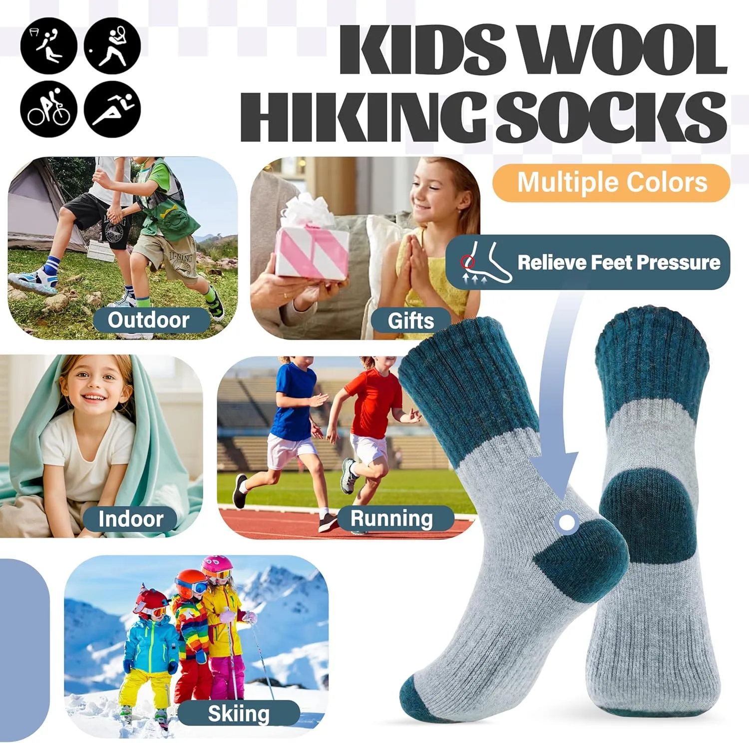 Anlisim Kids Merino Wool Hiking Socks Boys Girls Toddlers Thermal Winter Warm Boot Thick Cushion Gift Socks 6 Pairs
