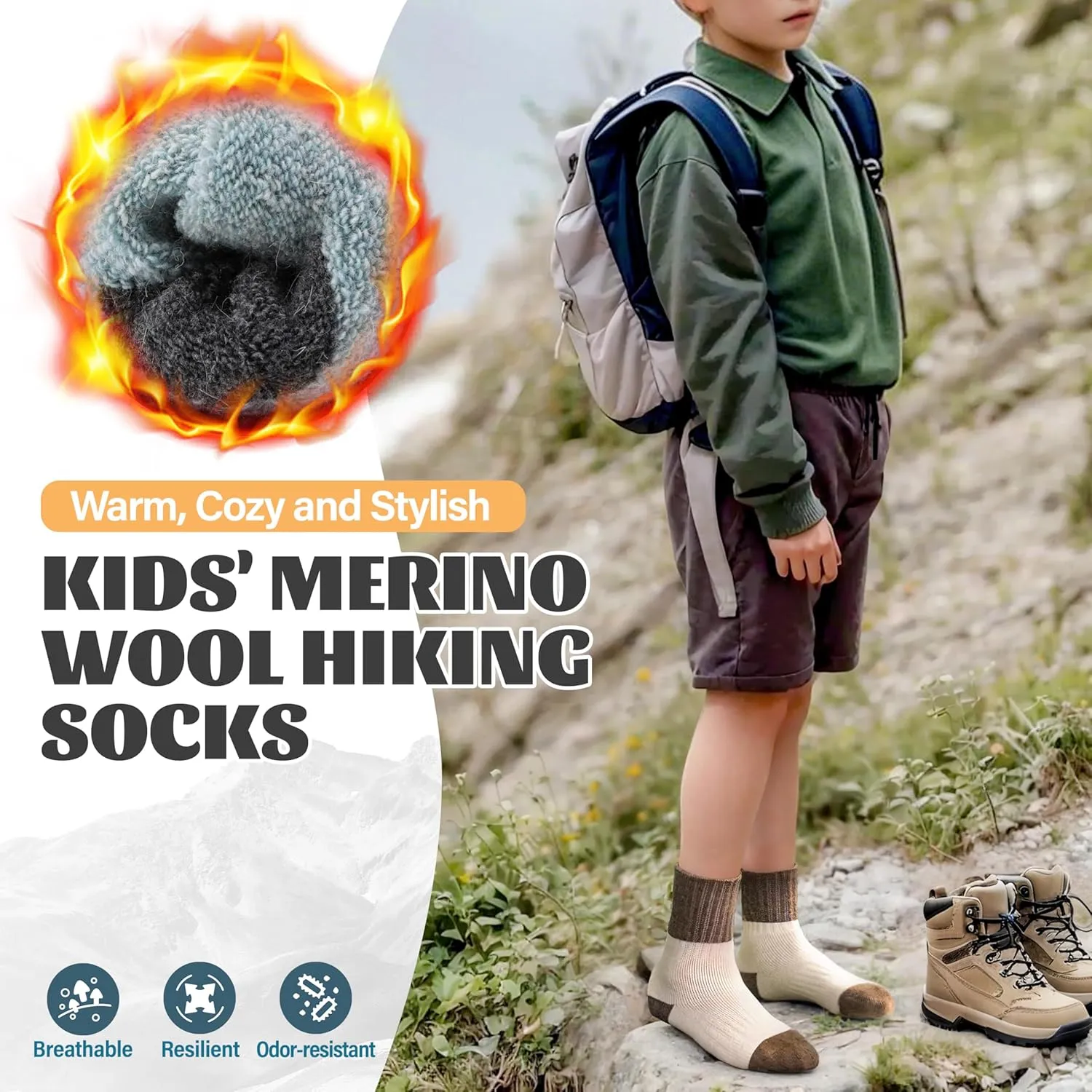 Anlisim Kids Merino Wool Hiking Socks Boys Girls Toddlers Thermal Winter Warm Boot Thick Cushion Gift Socks 6 Pairs