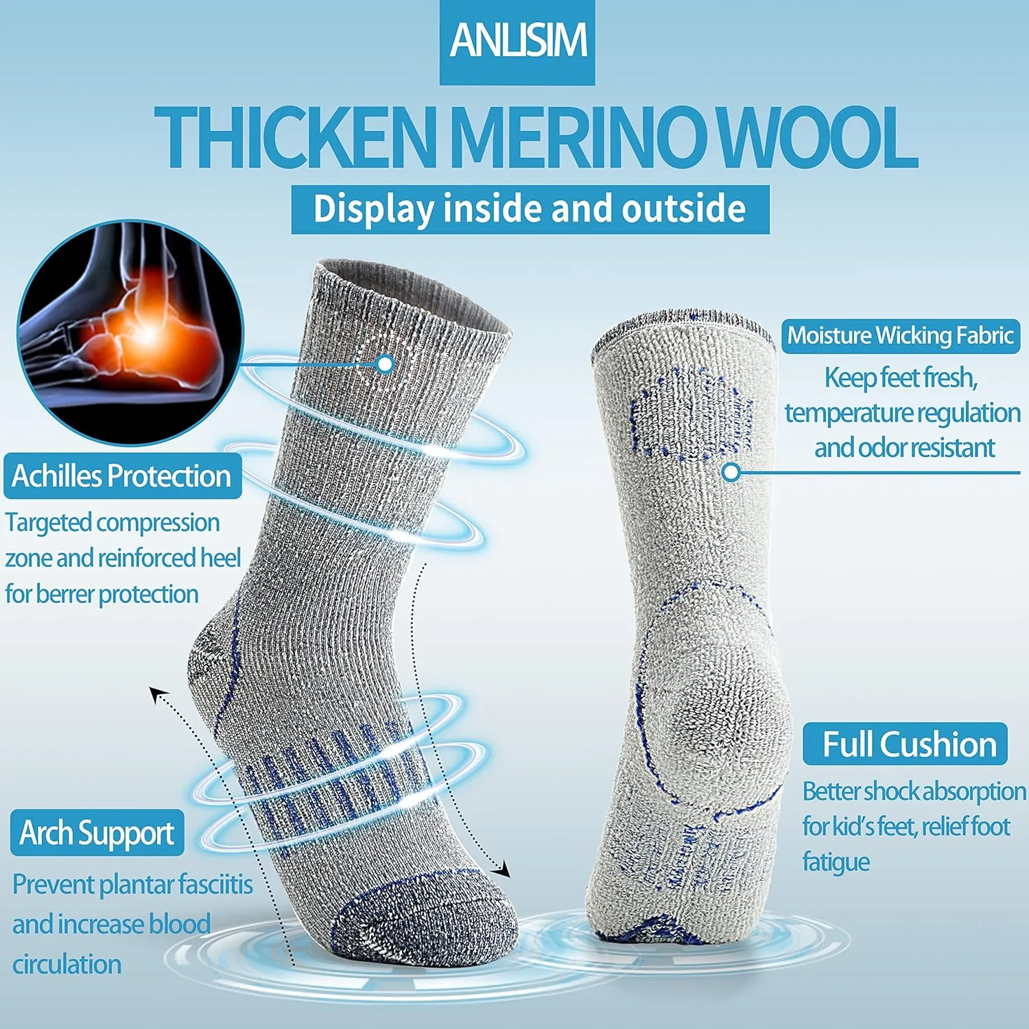 Anlisim Kids Merino Wool Hiking Socks Boys Girls Toddlers Thermal Winter Warm Boot Thick Cushion Snowboarding Socks