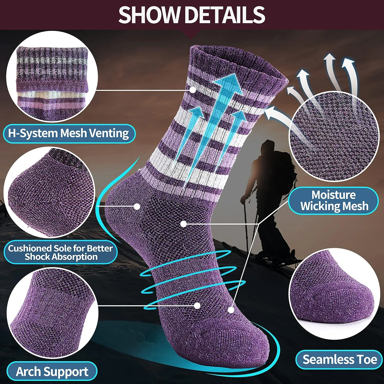 Anlisim Merino Wool Hiking Socks for Women Thermal Winter Warm Boot Work Cushion Socks 5 Pairs
