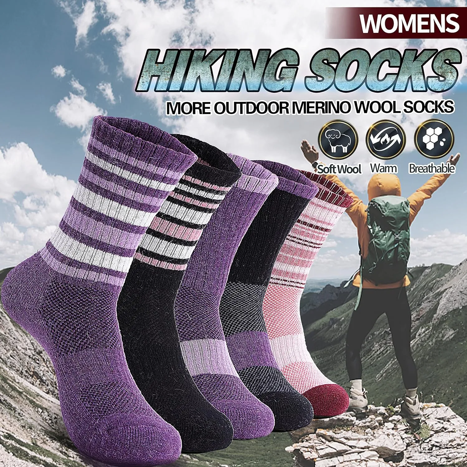 Anlisim Merino Wool Hiking Socks for Women Thermal Winter Warm Boot Work Cushion Socks 5 Pairs